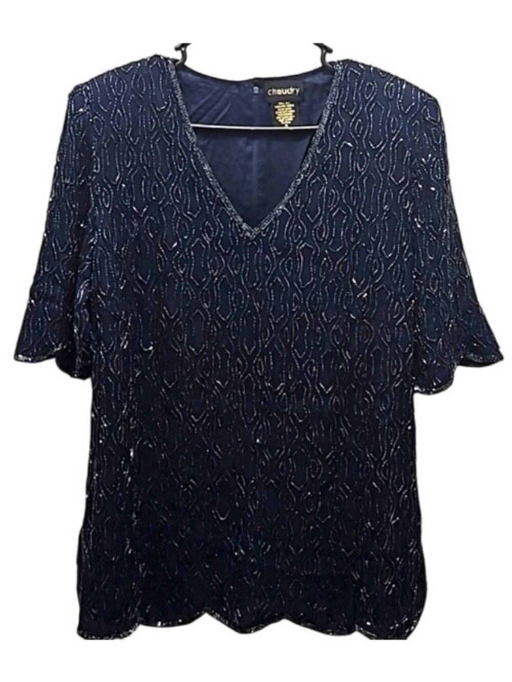 Chaudry Silk Beaded Blouse Top Size Medium New Navy Blue Scalloped Formal Fancy
